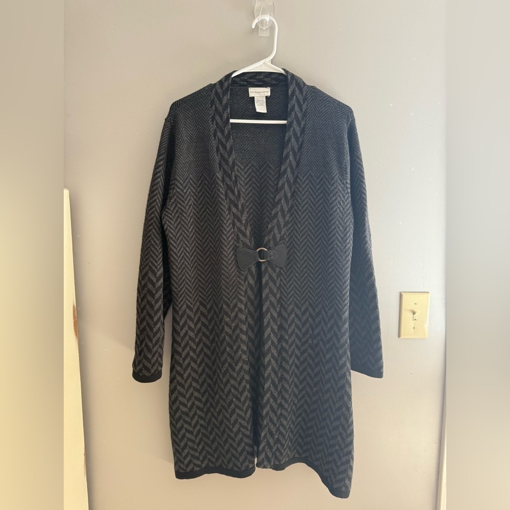 Soft Surroundings Duster Cardigan Women’s SZ PL Grey Black Herringbone Wool Fall